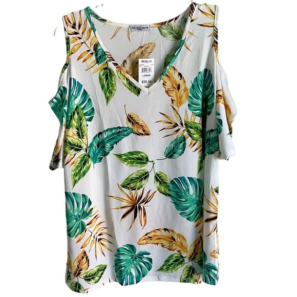 Cha Cha Vente Women's Tropical Leaf Print Cold Shoulder Top Large NEW NWT - Picture 1 of 10
